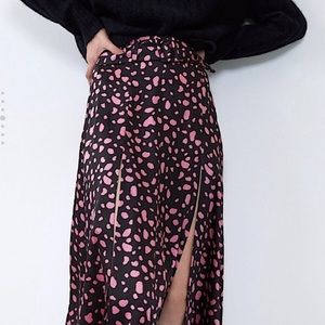 ZARA Black & Pink Belted 2 Slit Maxi Skirt Size M